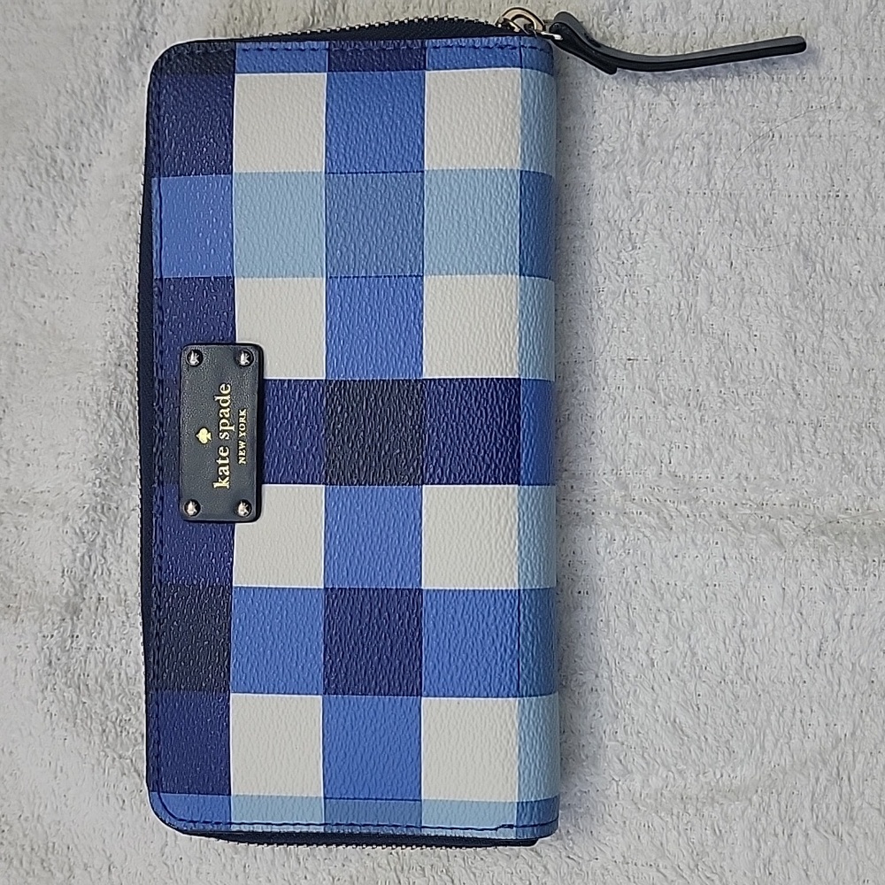 Kate Spade Neda Pacific Gangham Grove Street Printed Zip Around Blue Wallet